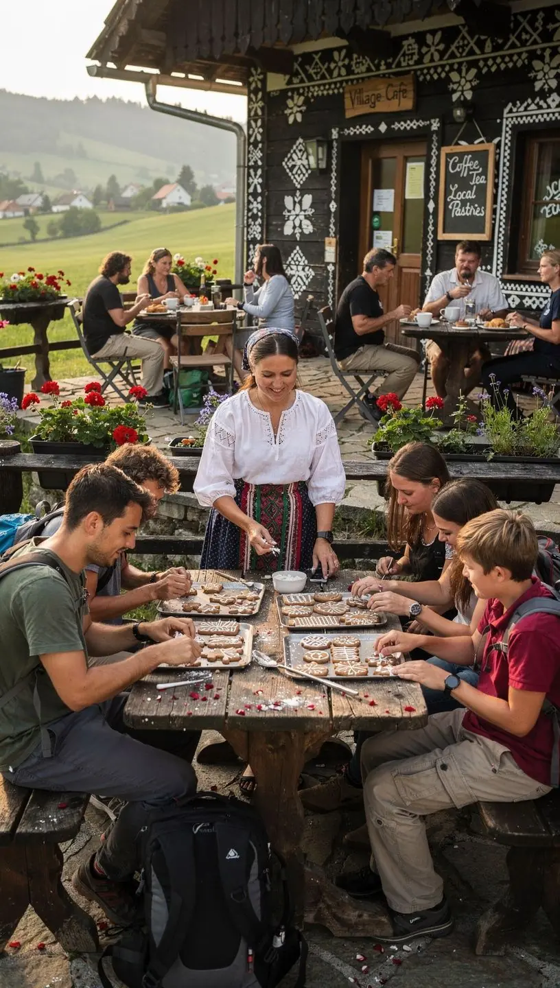 Turistický sprievodca vysvetľuje skupine návštevníkov tradičné slovenské remeslá počas exkurzie v dedine.